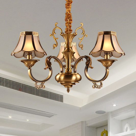 Frosted Glass Gold Pendant Chandelier Scalloped 3/5/6 Bulbs Colonial Suspended Lighting Fixture with Radial Design Clearhalo 'Ceiling Lights' 'Chandeliers' 'Glass shade' 'Glass' Lighting' 284418