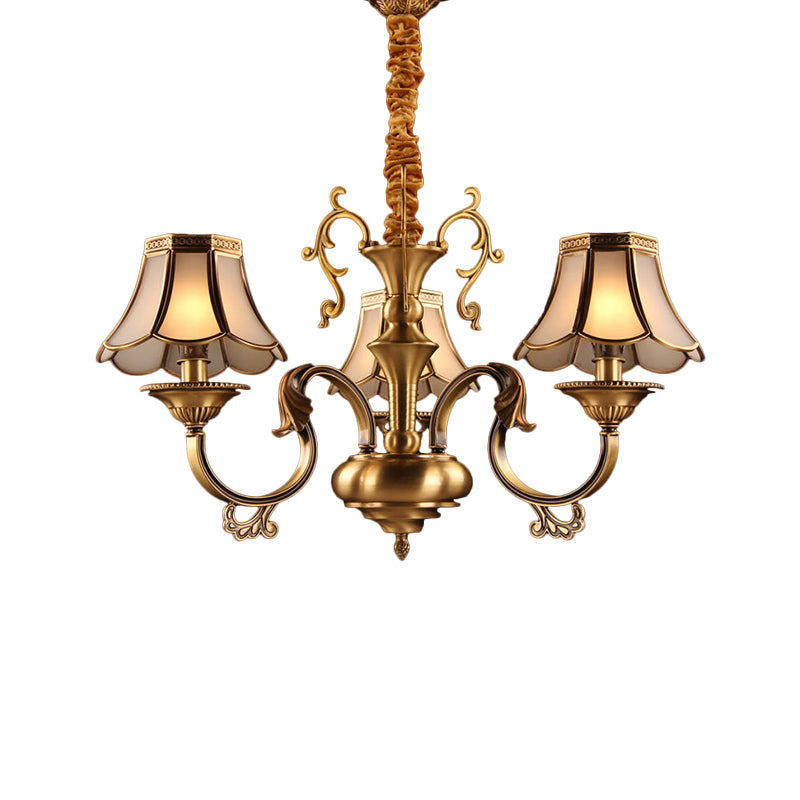 Frosted Glass Gold Pendant Chandelier Scalloped 3/5/6 Bulbs Colonial Suspended Lighting Fixture with Radial Design Clearhalo 'Ceiling Lights' 'Chandeliers' 'Glass shade' 'Glass' Lighting' 284420