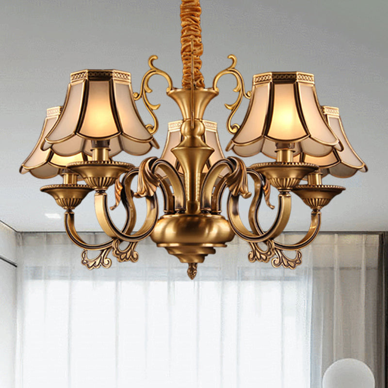 Frosted Glass Gold Pendant Chandelier Scalloped 3/5/6 Bulbs Colonial Suspended Lighting Fixture with Radial Design 5 Gold Clearhalo 'Ceiling Lights' 'Chandeliers' 'Glass shade' 'Glass' Lighting' 284422
