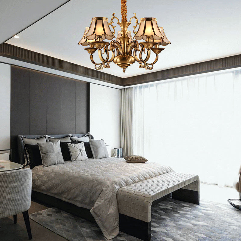 Frosted Glass Gold Pendant Chandelier Scalloped 3/5/6 Bulbs Colonial Suspended Lighting Fixture with Radial Design Clearhalo 'Ceiling Lights' 'Chandeliers' 'Glass shade' 'Glass' Lighting' 284423
