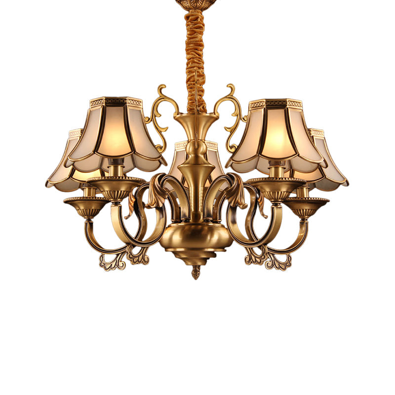 Frosted Glass Gold Pendant Chandelier Scalloped 3/5/6 Bulbs Colonial Suspended Lighting Fixture with Radial Design Clearhalo 'Ceiling Lights' 'Chandeliers' 'Glass shade' 'Glass' Lighting' 284424
