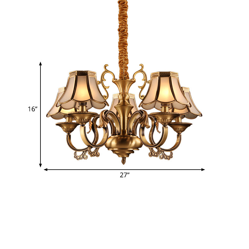 Frosted Glass Gold Pendant Chandelier Scalloped 3/5/6 Bulbs Colonial Suspended Lighting Fixture with Radial Design Clearhalo 'Ceiling Lights' 'Chandeliers' 'Glass shade' 'Glass' Lighting' 284425