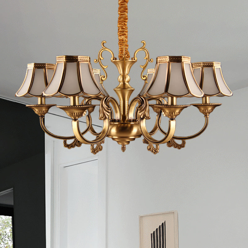 Frosted Glass Gold Pendant Chandelier Scalloped 3/5/6 Bulbs Colonial Suspended Lighting Fixture with Radial Design 6 Gold Clearhalo 'Ceiling Lights' 'Chandeliers' 'Glass shade' 'Glass' Lighting' 284427