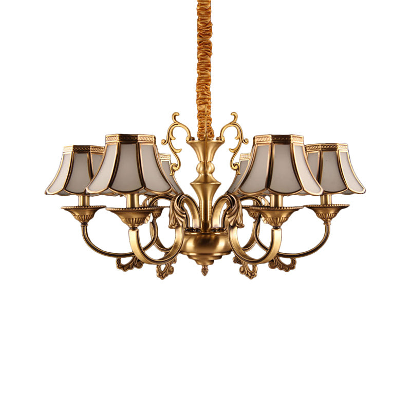 Frosted Glass Gold Pendant Chandelier Scalloped 3/5/6 Bulbs Colonial Suspended Lighting Fixture with Radial Design Clearhalo 'Ceiling Lights' 'Chandeliers' 'Glass shade' 'Glass' Lighting' 284429