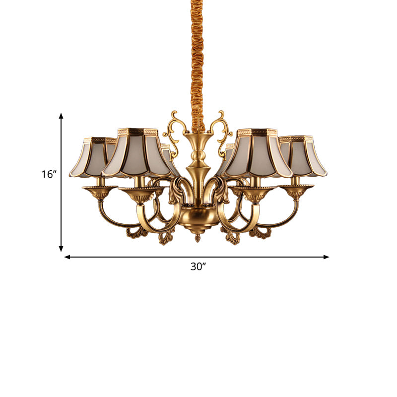 Frosted Glass Gold Pendant Chandelier Scalloped 3/5/6 Bulbs Colonial Suspended Lighting Fixture with Radial Design Clearhalo 'Ceiling Lights' 'Chandeliers' 'Glass shade' 'Glass' Lighting' 284430