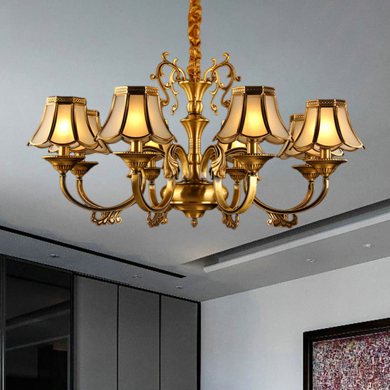 Frosted Glass Gold Pendant Chandelier Scalloped 3/5/6 Bulbs Colonial Suspended Lighting Fixture with Radial Design 8 Gold Clearhalo 'Ceiling Lights' 'Chandeliers' 'Glass shade' 'Glass' Lighting' 284431