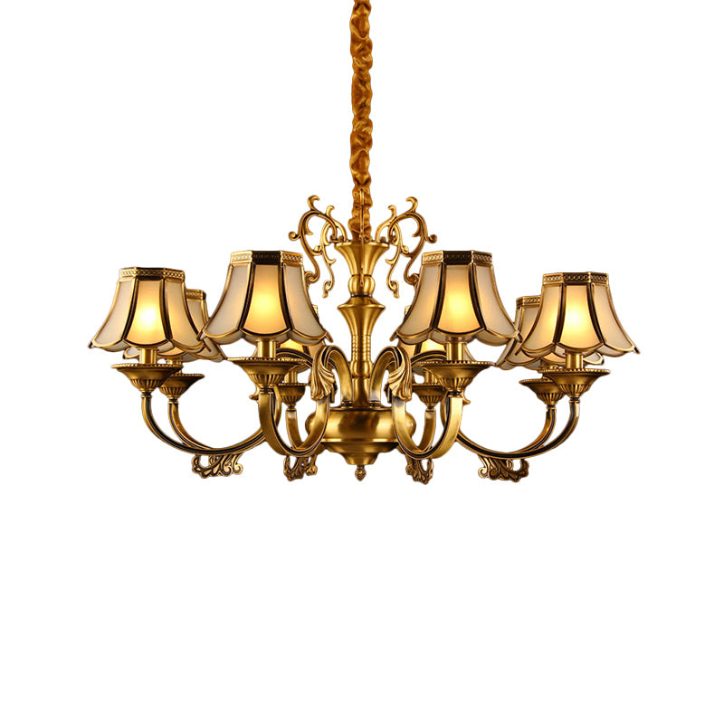 Frosted Glass Gold Pendant Chandelier Scalloped 3/5/6 Bulbs Colonial Suspended Lighting Fixture with Radial Design Clearhalo 'Ceiling Lights' 'Chandeliers' 'Glass shade' 'Glass' Lighting' 284433