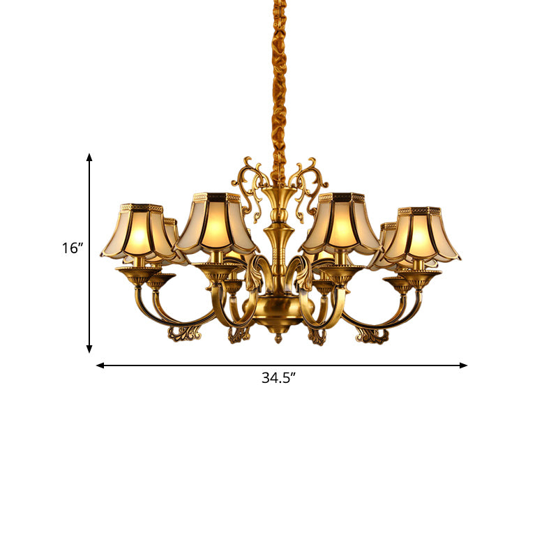 Frosted Glass Gold Pendant Chandelier Scalloped 3/5/6 Bulbs Colonial Suspended Lighting Fixture with Radial Design Clearhalo 'Ceiling Lights' 'Chandeliers' 'Glass shade' 'Glass' Lighting' 284434