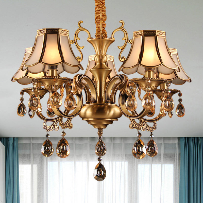 Colonial Scalloped Hanging Chandelier 5/6/8 Lights White Frosted Glass Down Lighting Pendant in Gold with Crystal Drop Clearhalo 'Ceiling Lights' 'Chandeliers' 'Glass shade' 'Glass' Lighting' 284453