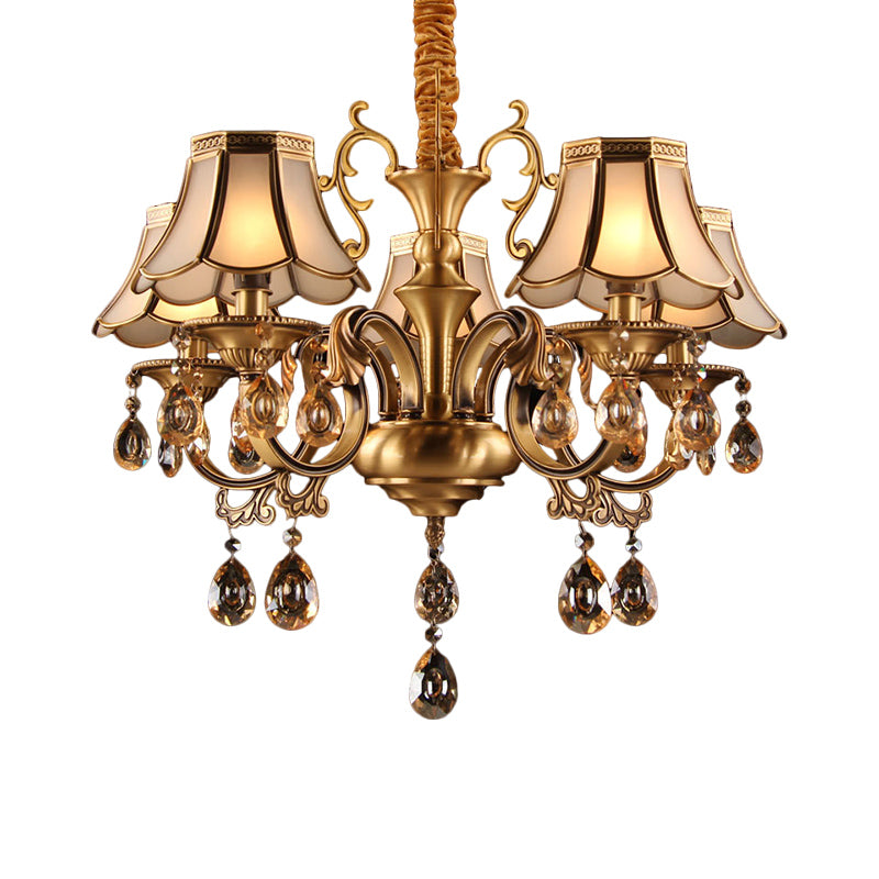 Colonial Scalloped Hanging Chandelier 5/6/8 Lights White Frosted Glass Down Lighting Pendant in Gold with Crystal Drop Clearhalo 'Ceiling Lights' 'Chandeliers' 'Glass shade' 'Glass' Lighting' 284455