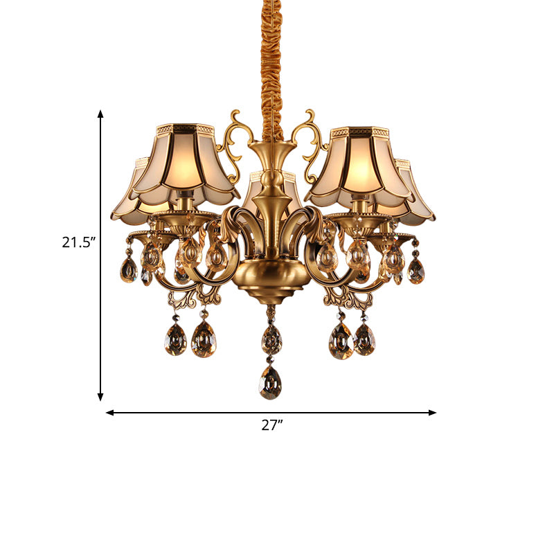 Colonial Scalloped Hanging Chandelier 5/6/8 Lights White Frosted Glass Down Lighting Pendant in Gold with Crystal Drop Clearhalo 'Ceiling Lights' 'Chandeliers' 'Glass shade' 'Glass' Lighting' 284456