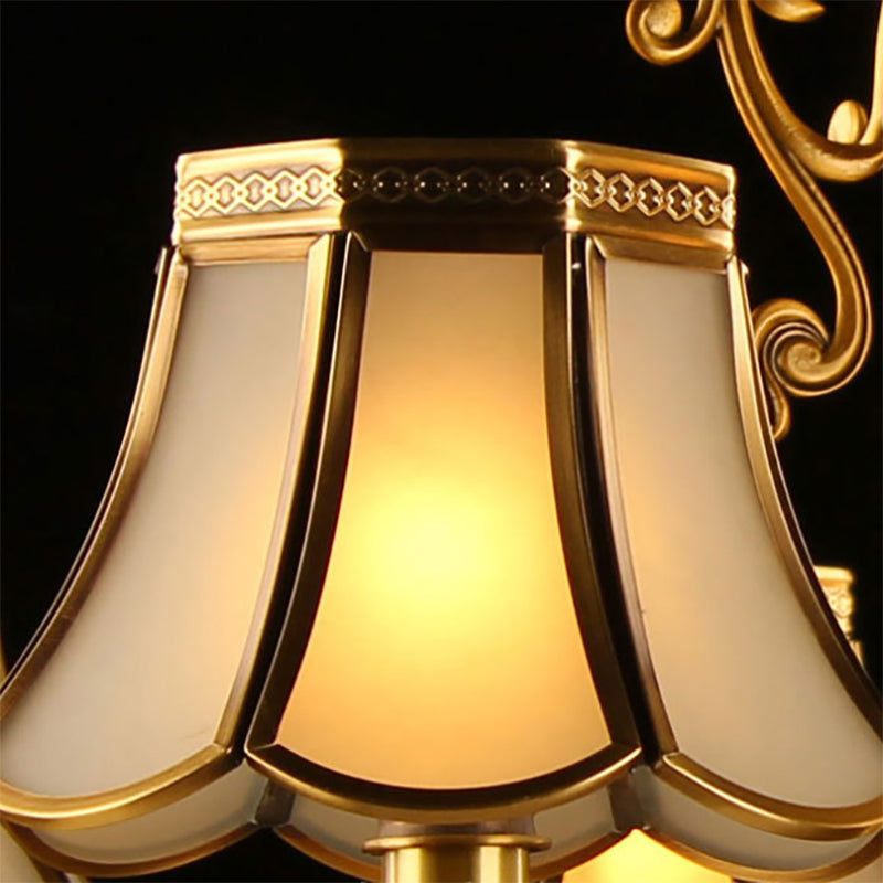 Colonial Scalloped Hanging Chandelier 5/6/8 Lights White Frosted Glass Down Lighting Pendant in Gold with Crystal Drop Clearhalo 'Ceiling Lights' 'Chandeliers' 'Glass shade' 'Glass' Lighting' 284457