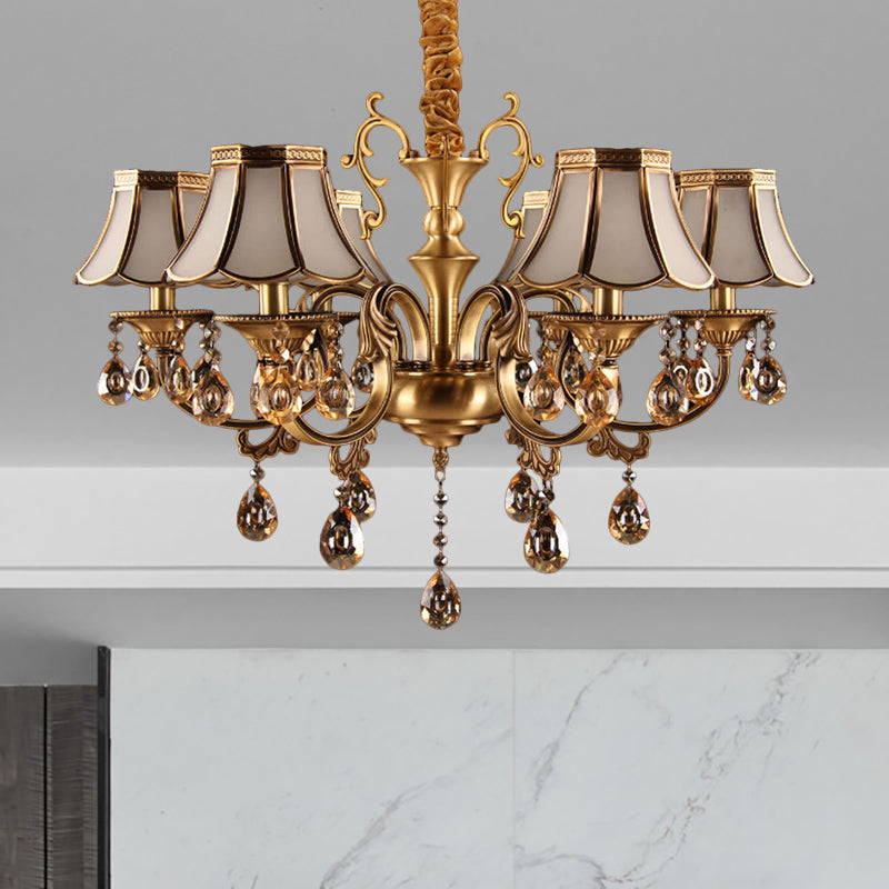 Colonial Scalloped Hanging Chandelier 5/6/8 Lights White Frosted Glass Down Lighting Pendant in Gold with Crystal Drop 6 Gold Clearhalo 'Ceiling Lights' 'Chandeliers' 'Glass shade' 'Glass' Lighting' 284458