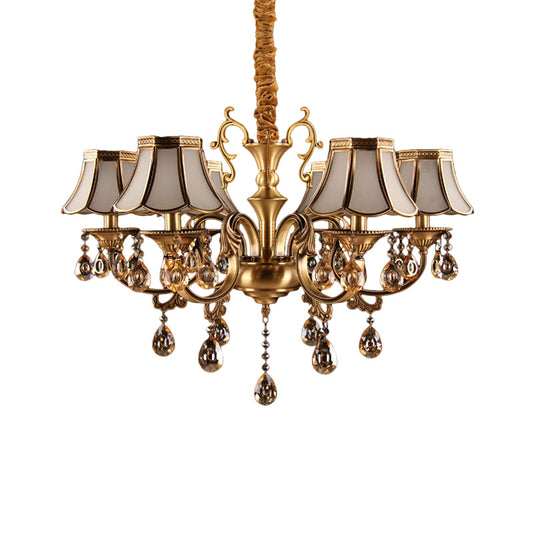 Colonial Scalloped Hanging Chandelier 5/6/8 Lights White Frosted Glass Down Lighting Pendant in Gold with Crystal Drop Clearhalo 'Ceiling Lights' 'Chandeliers' 'Glass shade' 'Glass' Lighting' 284460
