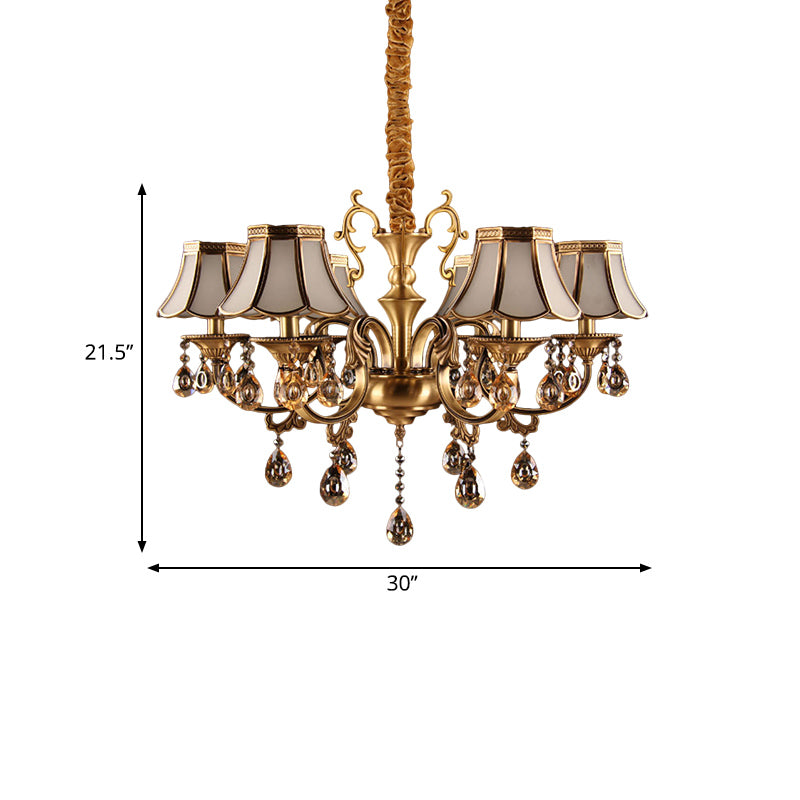 Colonial Scalloped Hanging Chandelier 5/6/8 Lights White Frosted Glass Down Lighting Pendant in Gold with Crystal Drop Clearhalo 'Ceiling Lights' 'Chandeliers' 'Glass shade' 'Glass' Lighting' 284461