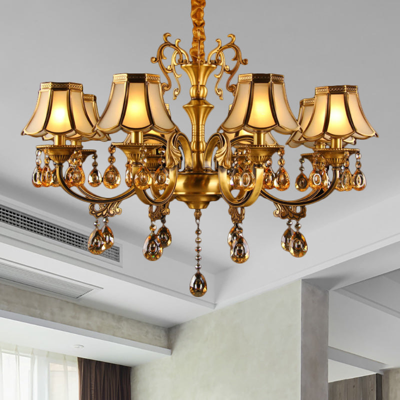Colonial Scalloped Hanging Chandelier 5/6/8 Lights White Frosted Glass Down Lighting Pendant in Gold with Crystal Drop 8 Gold Clearhalo 'Ceiling Lights' 'Chandeliers' 'Glass shade' 'Glass' Lighting' 284462