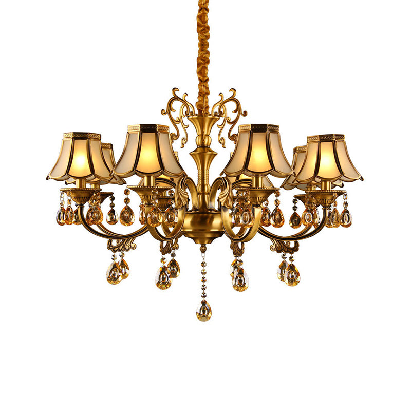 Colonial Scalloped Hanging Chandelier 5/6/8 Lights White Frosted Glass Down Lighting Pendant in Gold with Crystal Drop Clearhalo 'Ceiling Lights' 'Chandeliers' 'Glass shade' 'Glass' Lighting' 284464