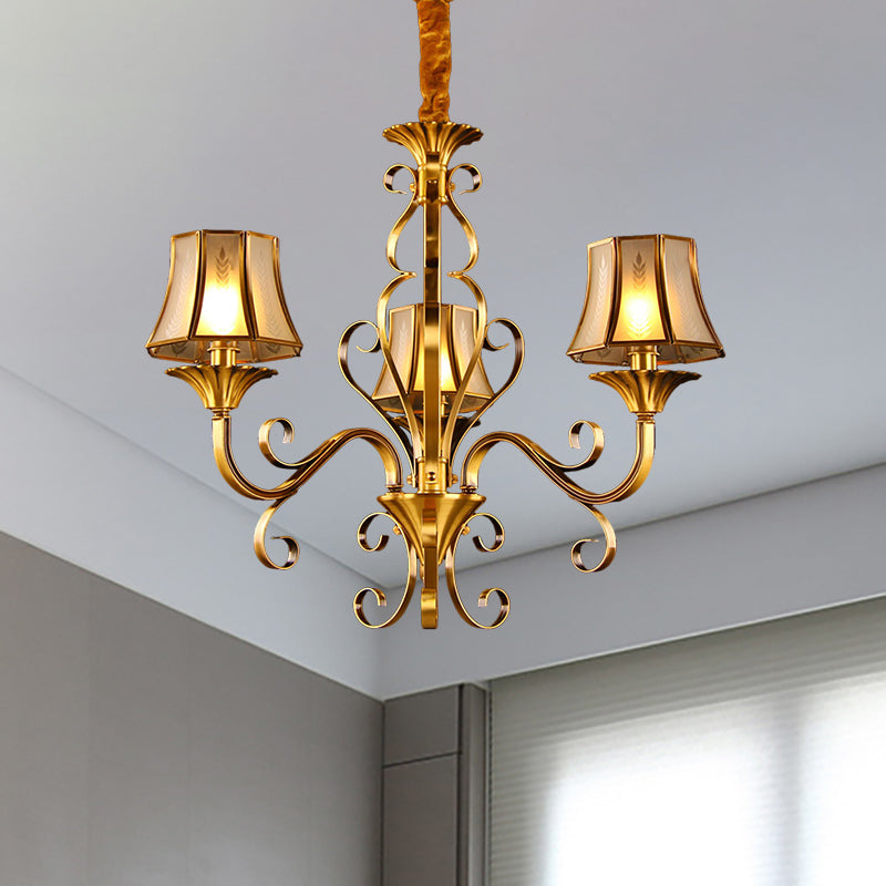 Curved Arm Metal Ceiling Chandelier Colonialism 3/5/6 Heads Living Room Suspension Lamp in Gold with Beige Frosted Glass Bell Shade Clearhalo 'Ceiling Lights' 'Chandeliers' Lighting' options 284466