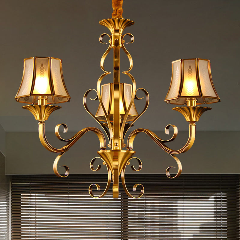 Curved Arm Metal Ceiling Chandelier Colonialism 3/5/6 Heads Living Room Suspension Lamp in Gold with Beige Frosted Glass Bell Shade Clearhalo 'Ceiling Lights' 'Chandeliers' Lighting' options 284467