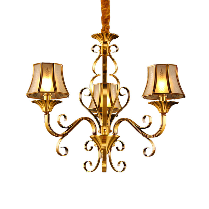 Curved Arm Metal Ceiling Chandelier Colonialism 3/5/6 Heads Living Room Suspension Lamp in Gold with Beige Frosted Glass Bell Shade Clearhalo 'Ceiling Lights' 'Chandeliers' Lighting' options 284469