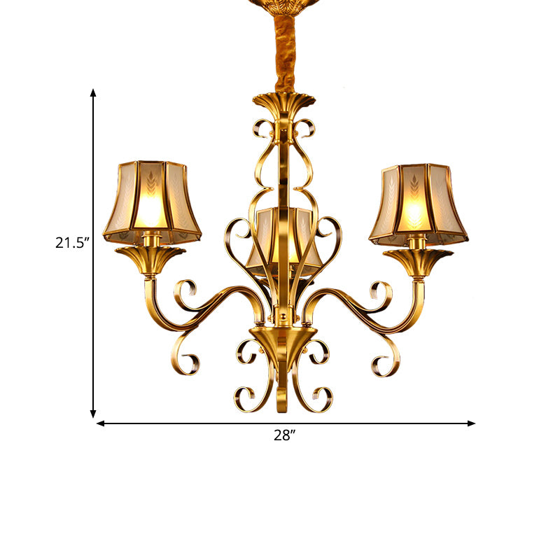 Curved Arm Metal Ceiling Chandelier Colonialism 3/5/6 Heads Living Room Suspension Lamp in Gold with Beige Frosted Glass Bell Shade Clearhalo 'Ceiling Lights' 'Chandeliers' Lighting' options 284470