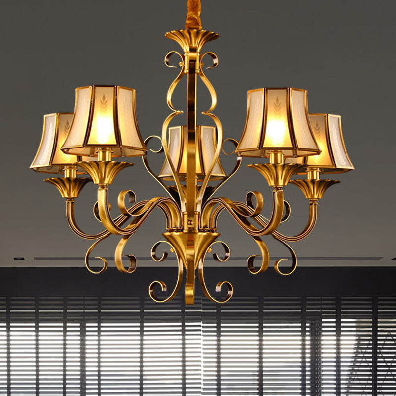 Curved Arm Metal Ceiling Chandelier Colonialism 3/5/6 Heads Living Room Suspension Lamp in Gold with Beige Frosted Glass Bell Shade 5 Gold Clearhalo 'Ceiling Lights' 'Chandeliers' Lighting' options 284471_4ca388a2-0d9e-4a4b-9035-7acfabb3f3e7