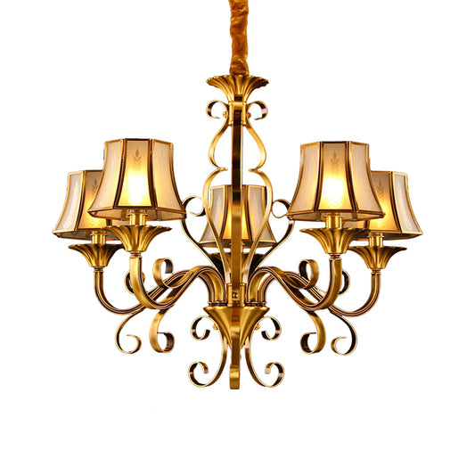 Curved Arm Metal Ceiling Chandelier Colonialism 3/5/6 Heads Living Room Suspension Lamp in Gold with Beige Frosted Glass Bell Shade Clearhalo 'Ceiling Lights' 'Chandeliers' Lighting' options 284473