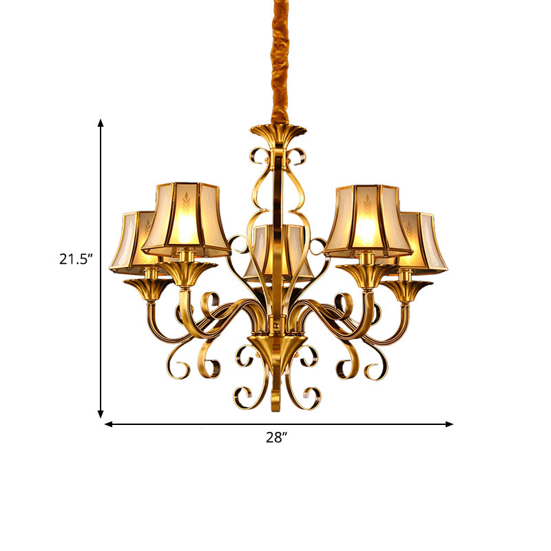 Curved Arm Metal Ceiling Chandelier Colonialism 3/5/6 Heads Living Room Suspension Lamp in Gold with Beige Frosted Glass Bell Shade Clearhalo 'Ceiling Lights' 'Chandeliers' Lighting' options 284474