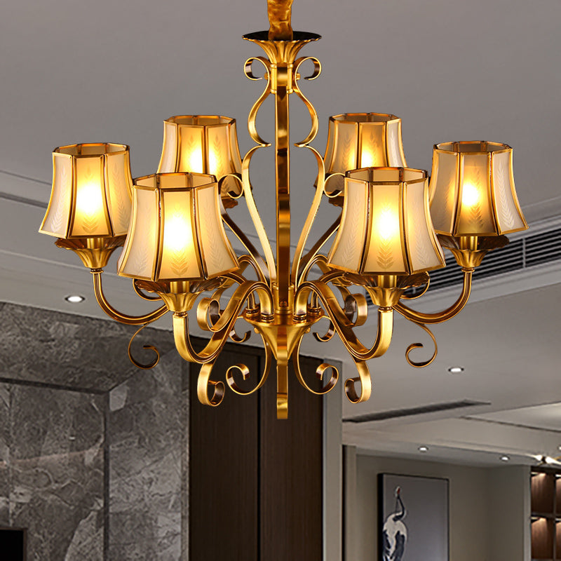 Curved Arm Metal Ceiling Chandelier Colonialism 3/5/6 Heads Living Room Suspension Lamp in Gold with Beige Frosted Glass Bell Shade 6 Gold Clearhalo 'Ceiling Lights' 'Chandeliers' Lighting' options 284476_064cd7af-6d12-4313-902b-cc7ce38e8bb5