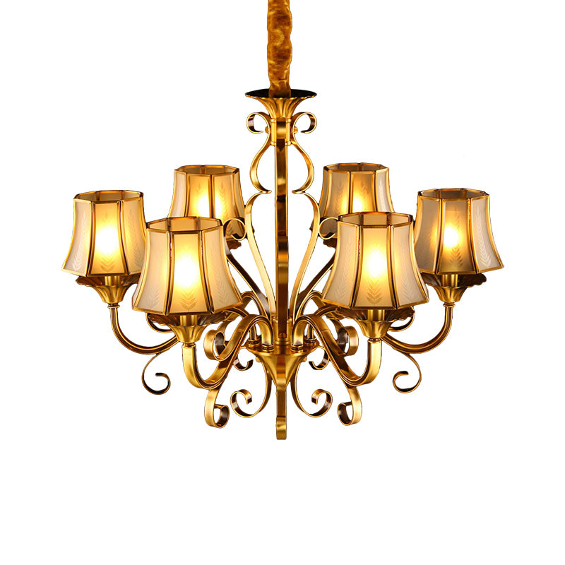 Curved Arm Metal Ceiling Chandelier Colonialism 3/5/6 Heads Living Room Suspension Lamp in Gold with Beige Frosted Glass Bell Shade Clearhalo 'Ceiling Lights' 'Chandeliers' Lighting' options 284478