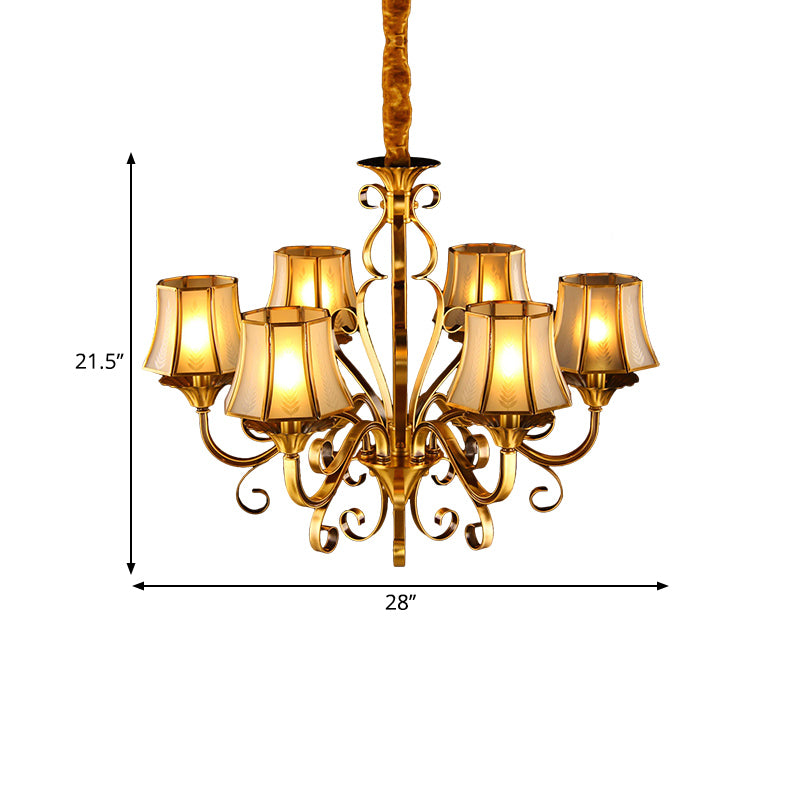 Curved Arm Metal Ceiling Chandelier Colonialism 3/5/6 Heads Living Room Suspension Lamp in Gold with Beige Frosted Glass Bell Shade Clearhalo 'Ceiling Lights' 'Chandeliers' Lighting' options 284479