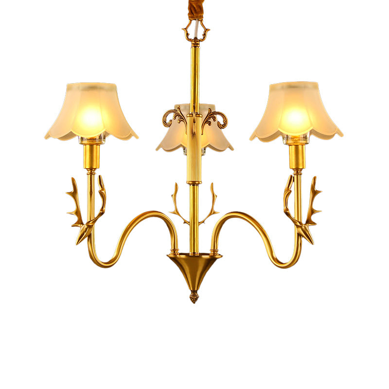 Scalloped Dining Room Hanging Lamp Colonial Frosted Glass 3/5/6 Lights Gold Finish Chandelier Light Fixture Clearhalo 'Ceiling Lights' 'Chandeliers' 'Glass shade' 'Glass' 'Pendant Lights' Lighting' 284543