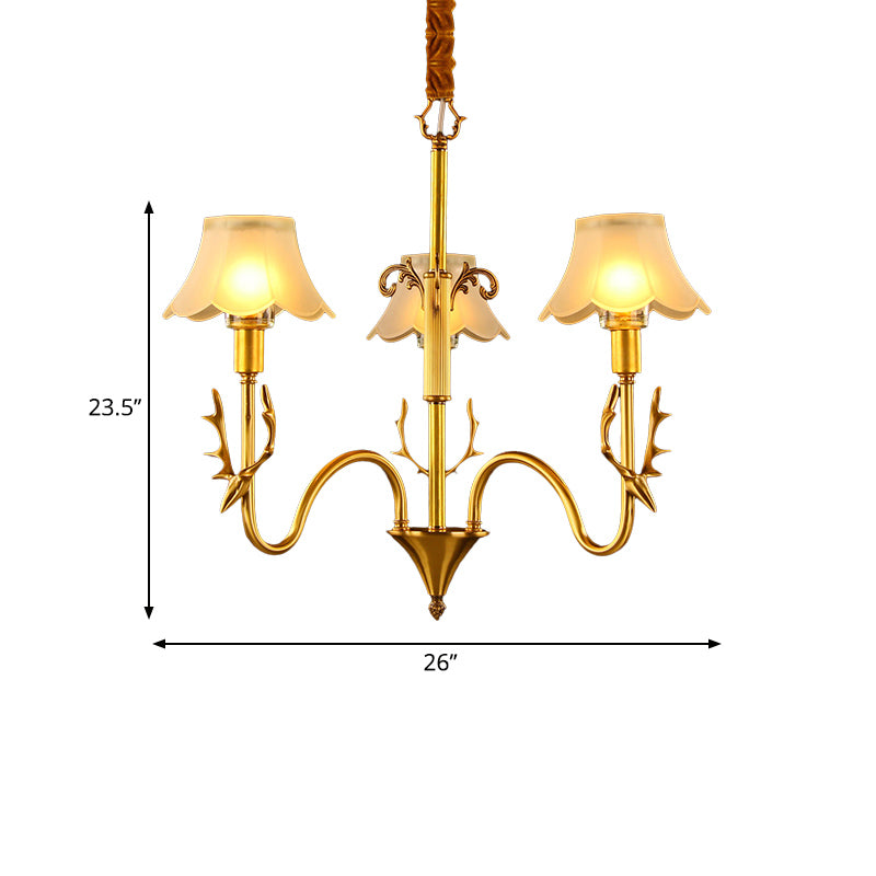 Scalloped Dining Room Hanging Lamp Colonial Frosted Glass 3/5/6 Lights Gold Finish Chandelier Light Fixture Clearhalo 'Ceiling Lights' 'Chandeliers' 'Glass shade' 'Glass' 'Pendant Lights' Lighting' 284544