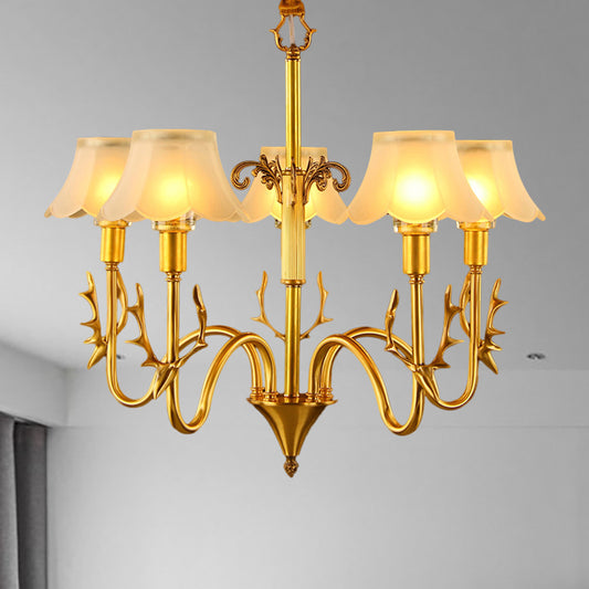 Scalloped Dining Room Hanging Lamp Colonial Frosted Glass 3/5/6 Lights Gold Finish Chandelier Light Fixture 5 Gold Clearhalo 'Ceiling Lights' 'Chandeliers' 'Glass shade' 'Glass' 'Pendant Lights' Lighting' 284545