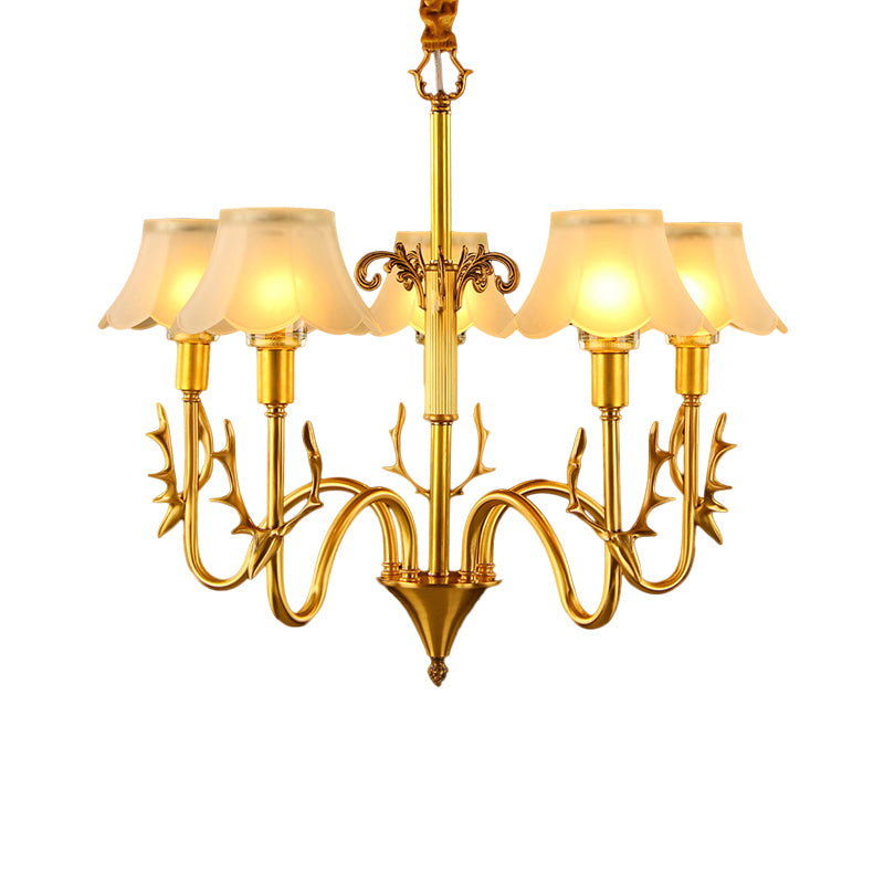 Scalloped Dining Room Hanging Lamp Colonial Frosted Glass 3/5/6 Lights Gold Finish Chandelier Light Fixture Clearhalo 'Ceiling Lights' 'Chandeliers' 'Glass shade' 'Glass' 'Pendant Lights' Lighting' 284547