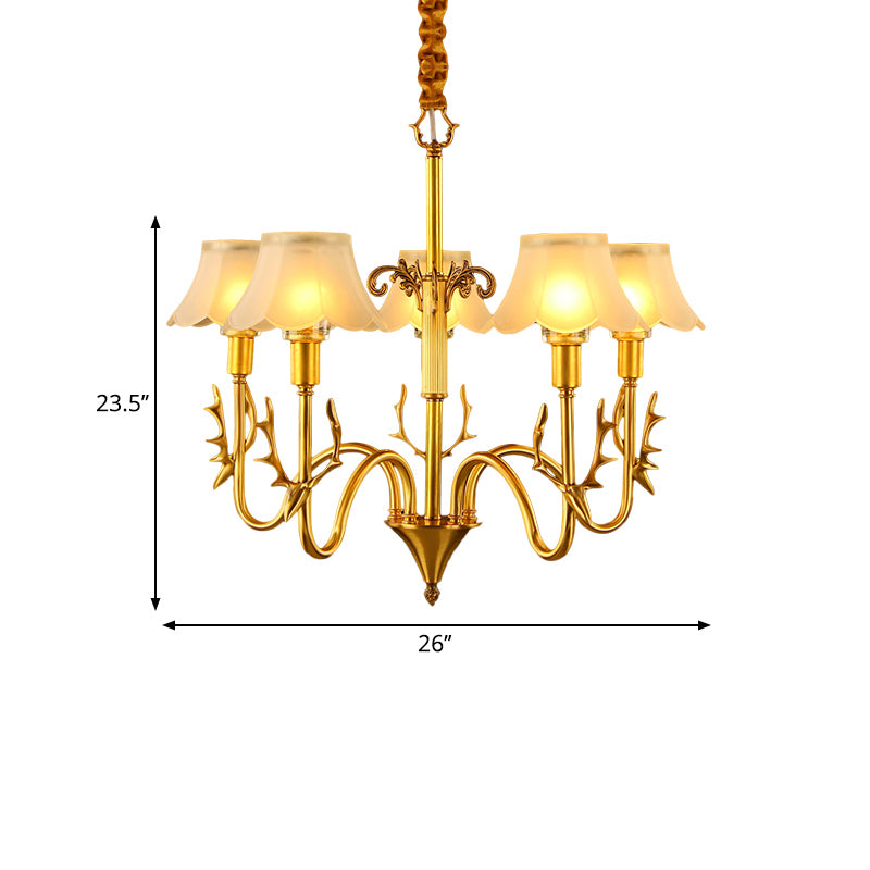 Scalloped Dining Room Hanging Lamp Colonial Frosted Glass 3/5/6 Lights Gold Finish Chandelier Light Fixture Clearhalo 'Ceiling Lights' 'Chandeliers' 'Glass shade' 'Glass' 'Pendant Lights' Lighting' 284548
