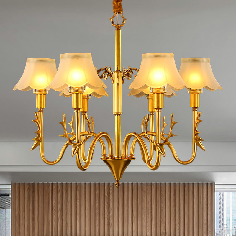 Scalloped Dining Room Hanging Lamp Colonial Frosted Glass 3/5/6 Lights Gold Finish Chandelier Light Fixture 6 Gold Clearhalo 'Ceiling Lights' 'Chandeliers' 'Glass shade' 'Glass' 'Pendant Lights' Lighting' 284549