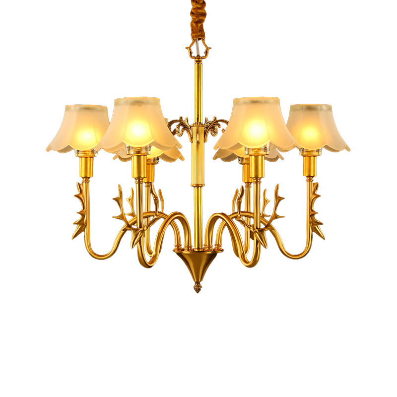 Scalloped Dining Room Hanging Lamp Colonial Frosted Glass 3/5/6 Lights Gold Finish Chandelier Light Fixture Clearhalo 'Ceiling Lights' 'Chandeliers' 'Glass shade' 'Glass' 'Pendant Lights' Lighting' 284551