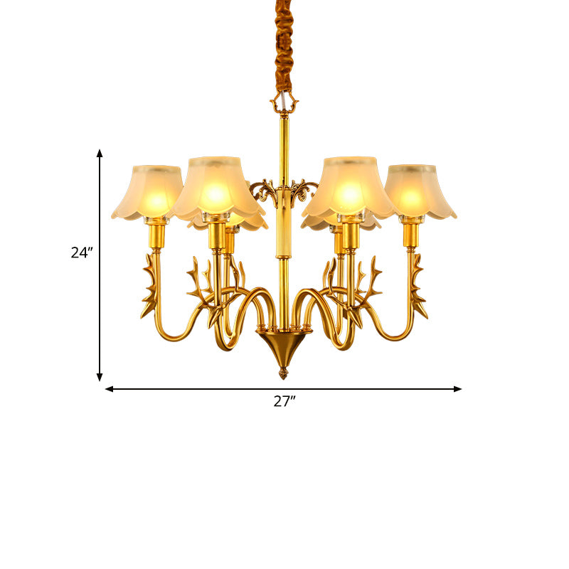 Scalloped Dining Room Hanging Lamp Colonial Frosted Glass 3/5/6 Lights Gold Finish Chandelier Light Fixture Clearhalo 'Ceiling Lights' 'Chandeliers' 'Glass shade' 'Glass' 'Pendant Lights' Lighting' 284552