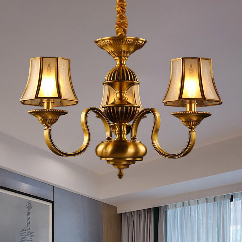 3/5/6 Lights Flared Chandelier Lighting Colonialism Gold Frosted Glass Hanging Ceiling Lamp Clearhalo 'Ceiling Lights' 'Chandeliers' 'Glass shade' 'Glass' Lighting' 284581