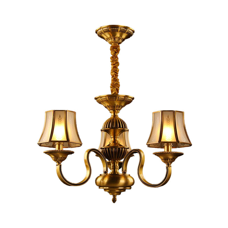 3/5/6 Lights Flared Chandelier Lighting Colonialism Gold Frosted Glass Hanging Ceiling Lamp Clearhalo 'Ceiling Lights' 'Chandeliers' 'Glass shade' 'Glass' Lighting' 284583