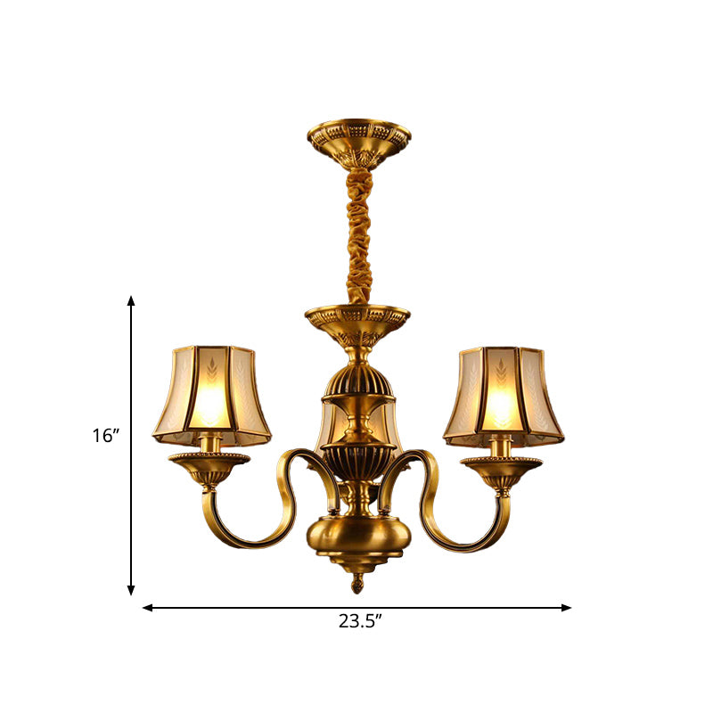 3/5/6 Lights Flared Chandelier Lighting Colonialism Gold Frosted Glass Hanging Ceiling Lamp Clearhalo 'Ceiling Lights' 'Chandeliers' 'Glass shade' 'Glass' Lighting' 284584