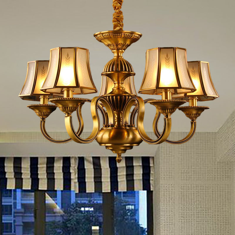 3/5/6 Lights Flared Chandelier Lighting Colonialism Gold Frosted Glass Hanging Ceiling Lamp 5 Gold Clearhalo 'Ceiling Lights' 'Chandeliers' 'Glass shade' 'Glass' Lighting' 284585