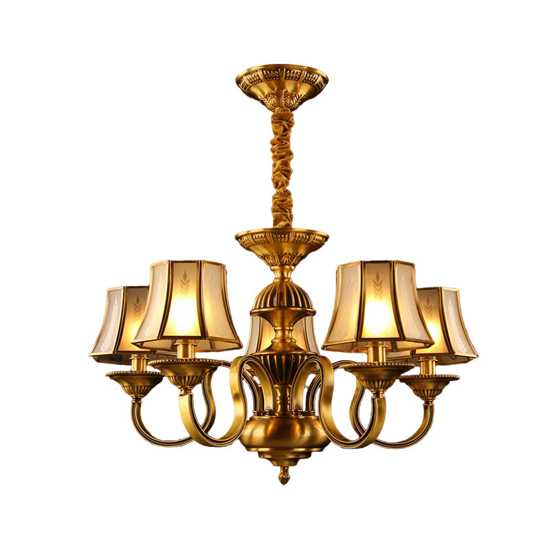 3/5/6 Lights Flared Chandelier Lighting Colonialism Gold Frosted Glass Hanging Ceiling Lamp Clearhalo 'Ceiling Lights' 'Chandeliers' 'Glass shade' 'Glass' Lighting' 284587