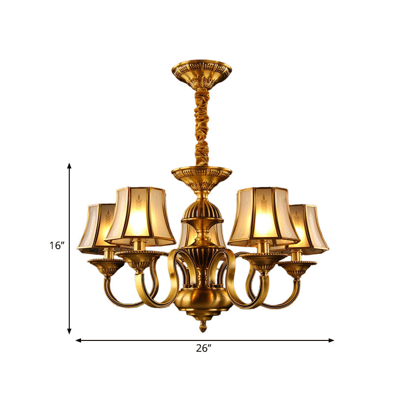 3/5/6 Lights Flared Chandelier Lighting Colonialism Gold Frosted Glass Hanging Ceiling Lamp Clearhalo 'Ceiling Lights' 'Chandeliers' 'Glass shade' 'Glass' Lighting' 284588