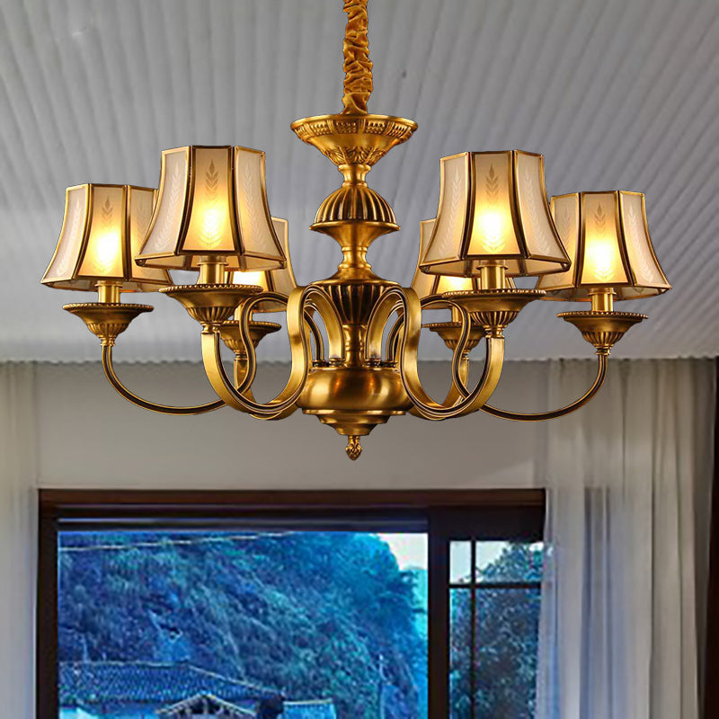 3/5/6 Lights Flared Chandelier Lighting Colonialism Gold Frosted Glass Hanging Ceiling Lamp 6 Gold Clearhalo 'Ceiling Lights' 'Chandeliers' 'Glass shade' 'Glass' Lighting' 284589
