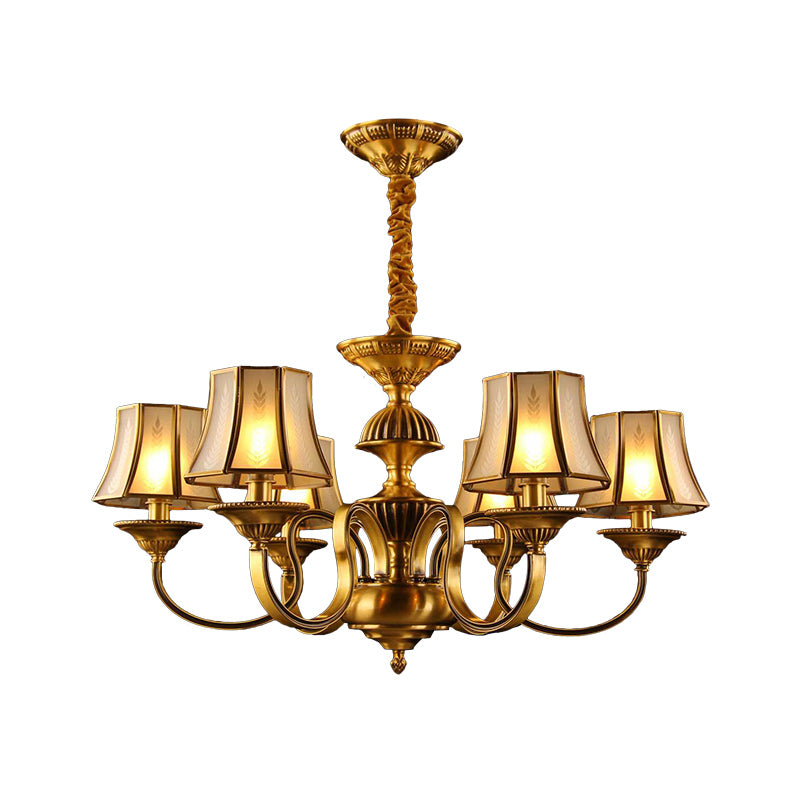 3/5/6 Lights Flared Chandelier Lighting Colonialism Gold Frosted Glass Hanging Ceiling Lamp Clearhalo 'Ceiling Lights' 'Chandeliers' 'Glass shade' 'Glass' Lighting' 284591