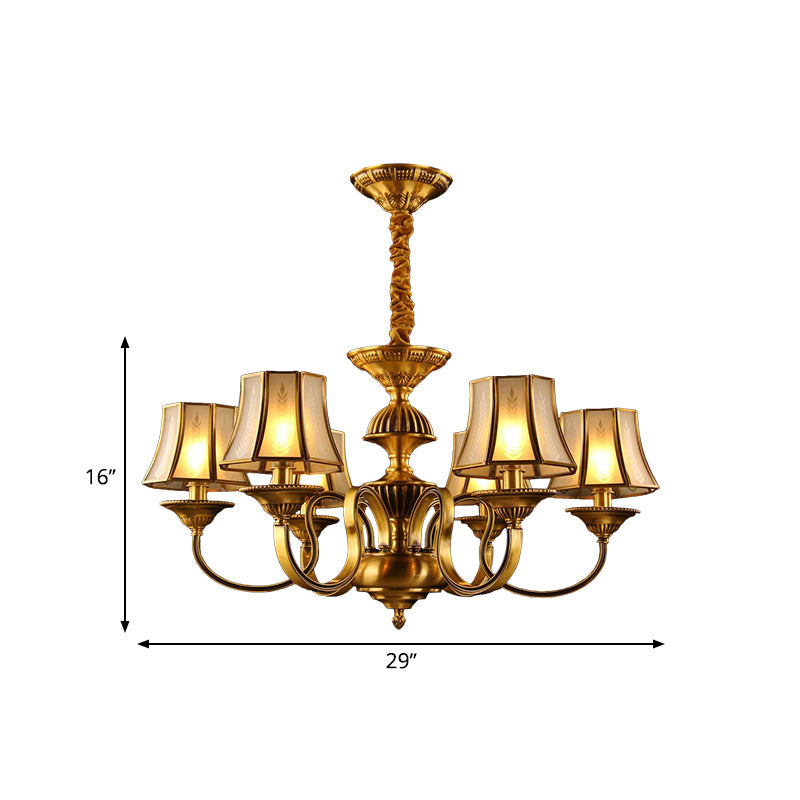 3/5/6 Lights Flared Chandelier Lighting Colonialism Gold Frosted Glass Hanging Ceiling Lamp Clearhalo 'Ceiling Lights' 'Chandeliers' 'Glass shade' 'Glass' Lighting' 284592