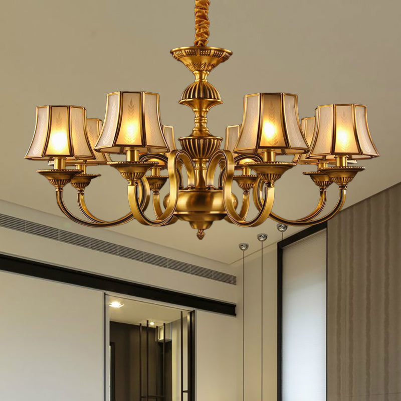 3/5/6 Lights Flared Chandelier Lighting Colonialism Gold Frosted Glass Hanging Ceiling Lamp 8 Gold Clearhalo 'Ceiling Lights' 'Chandeliers' 'Glass shade' 'Glass' Lighting' 284594