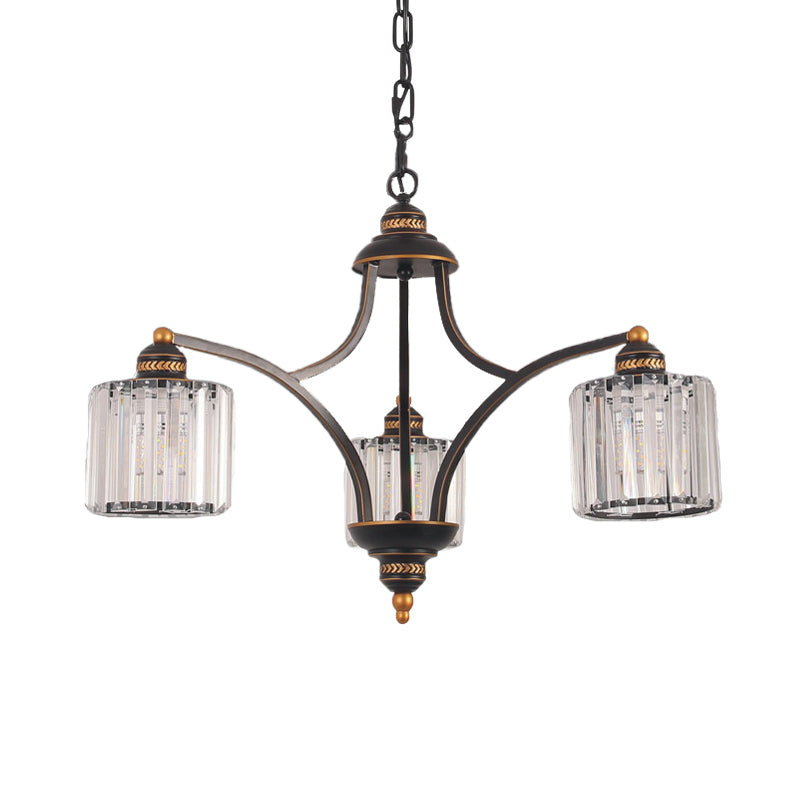 Curved Arm Living Room Chandelier Light Traditional Clear Tri-Sided Crystal Rod 3/5/6 Heads Black Ceiling Light Fixture Clearhalo 'Ceiling Lights' 'Chandeliers' Lighting' options 284609